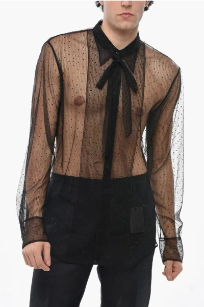 Dsquared2 Sheer Tie Neck Shirt With Rhinestones All-over In Black