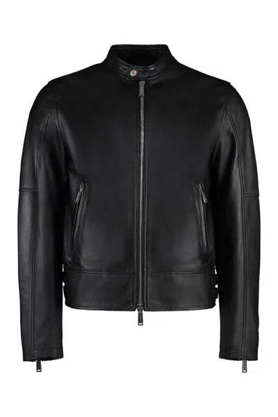 Dsquared2 Standing Collar Zipped Leather Jacket In Black
