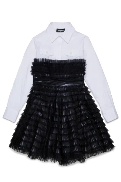 Dsquared2 Kids' Shirt Dress With Pleated Ruffles In Black
