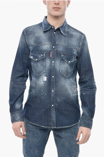 Dsquared2 Shirt Fashion Western In Vintage-effect Denim With Double Ch In Blue