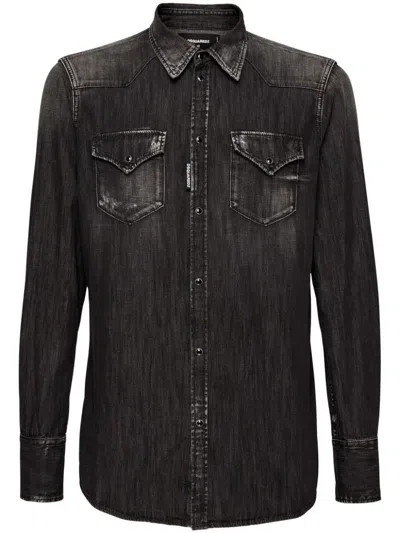 Dsquared2 Long-sleeve Washed Denim Shirt In Multicolor