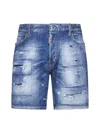 Dsquared2 Light Blue Bermuda Shorts With Rips And Logo Patch In Cotton Denim Man In Blue