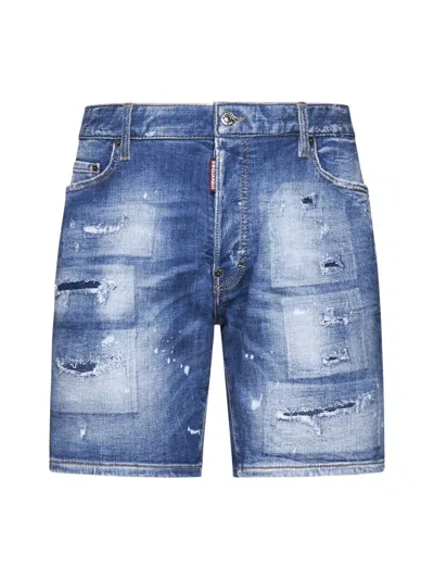 Dsquared2 Light Blue Bermuda Shorts With Rips And Logo Patch In Cotton Denim Man