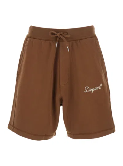 Dsquared2 Men Brown Pants With Drawstring Waist And Logo Lettering On The Front In Cotton Woman