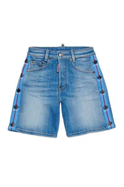 Dsquared2 Kids' Shorts In Shaded Denim With Tape In Blue