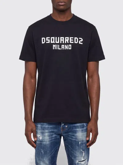 Dsquared2 Short-sleeved Cotton T-shirt With Contrasting Logo Print In Black