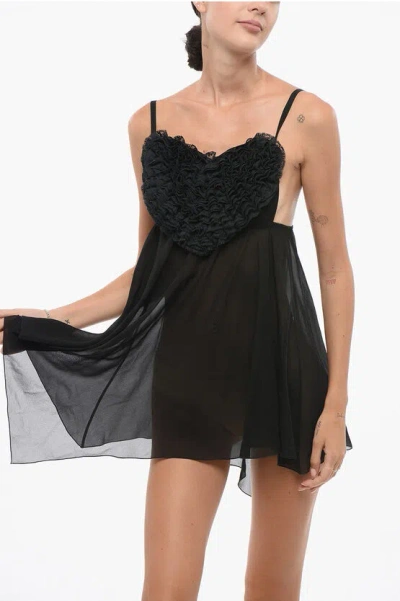 Dsquared2 Silk Robe With Sweetheart Neckline And Ruffles In Black