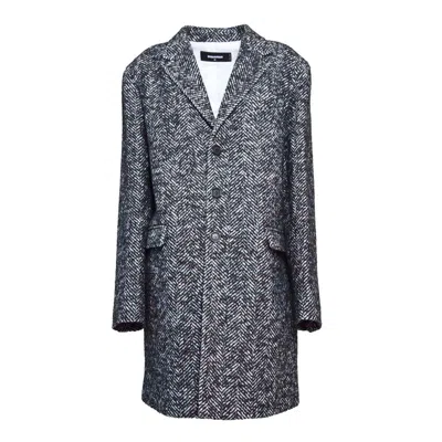 Dsquared2 Single Breasted Wool Coat Black And White Chevron Pattern In Grey