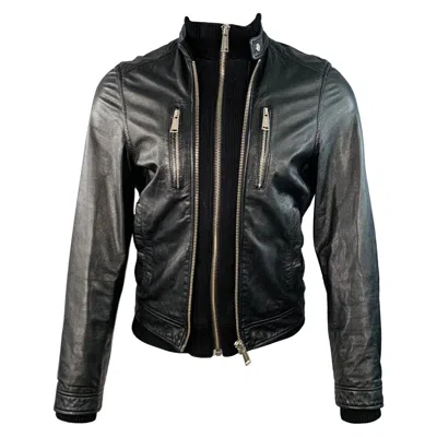 Pre-owned Dsquared2 Size 38 Black Lambskin Leather Knit Trim Double Zipper Jacket