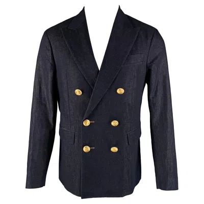 Pre-owned Dsquared2 Size 38 Indigo Solid Cotton Linen Double Breasted Sport Coat In Blue