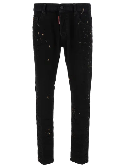 Dsquared2 Skater Black Five-pocket Jeans With Paint Stains In Stretch Cotton Denim Man In Nero