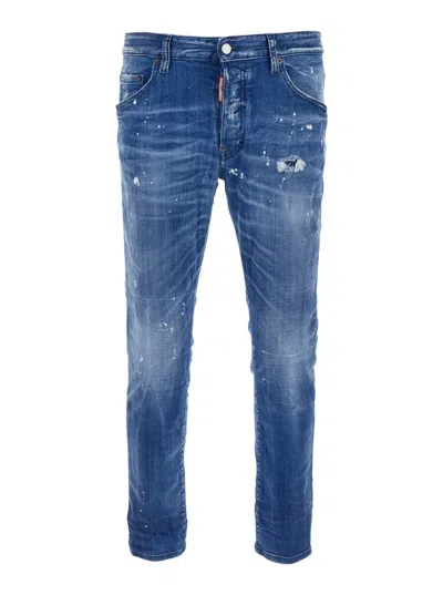 DSQUARED2 'SKATER' BLUE JEANS WITH LOGO PATCH ON THE REAR AND DISTRESSED EFFECT IN DENIM MAN