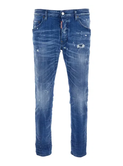 DSQUARED2 'SKATER' BLUE JEANS WITH LOGO PATCH ON THE REAR AND DISTRESSED EFFECT IN DENIM MAN
