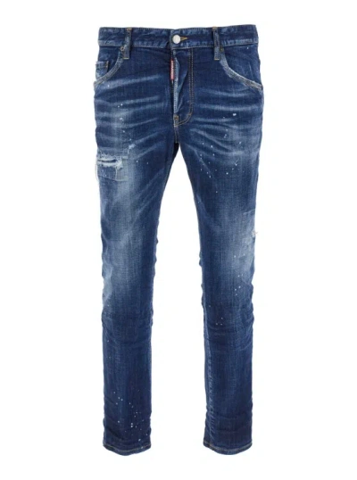 Dsquared2 Indigo Cotton And Patent Leather Slim-fit Jeans In Blue