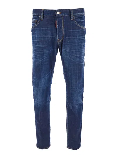 DSQUARED2 BLUE JEANS WITH BELT LOOPS AND LOGO PATCH ON THE REAR IN DENIM MAN