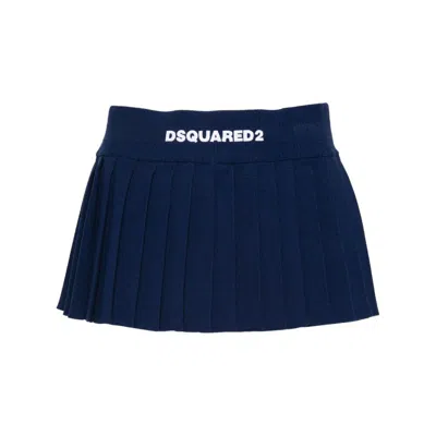 Dsquared2 Viscose Knit Logo Pleated Mini Skirt In Blue