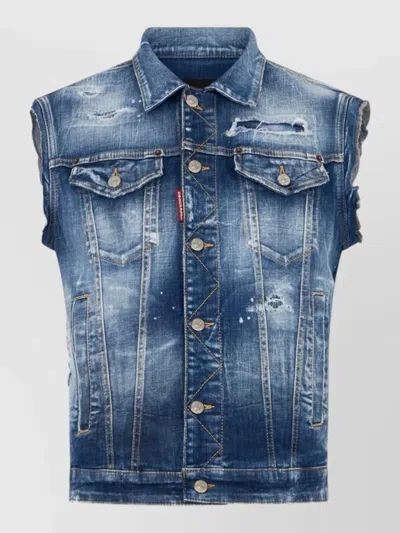 Dsquared2 Sleeveless Blazer Raw Cut Hem Front Pockets In Blue