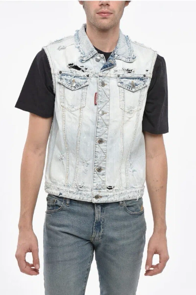 Dsquared2 Sleeveless Destroyed Denim Jacket In Metallic