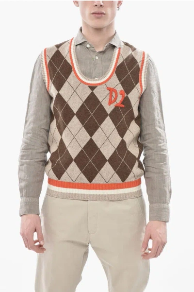Dsquared2 Sleeveless Wool-blend Crewneck Sweater With Argyle Pattern In Multi