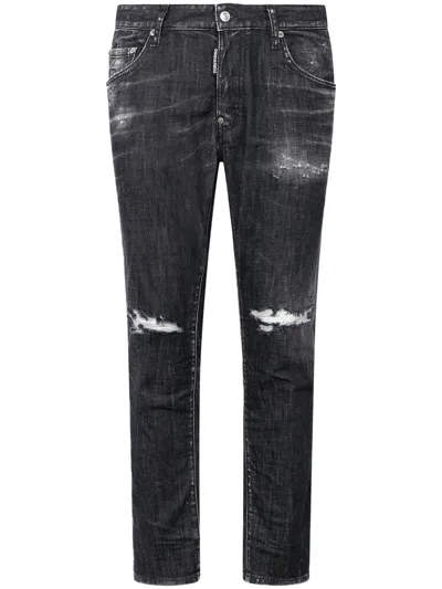 Dsquared2 Slim Fit Distressed Black Wash Jeans With Classic Five-pocket Styling