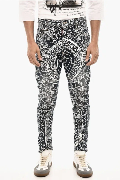 Dsquared2 Slim Fit High Waisted Jeans With Allover Print 16 Cm In Blue