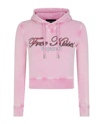 Dsquared2 Slogan-print Cropped Cotton Hoodie In Pink