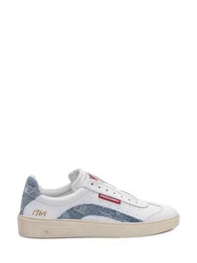 Dsquared2 White Low Top Sneakers With Denim Panels And Distressed Effect In Leather Man In Multi