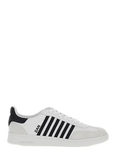 DSQUARED2 WHITE AND BLACK LOW TOP SNEAKERS WITH CONTRASTING BANDS IN LEATHER MAN