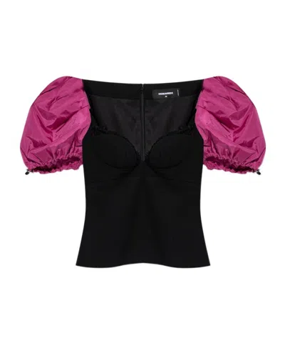 Dsquared2 Snow-tech Puff-sleeve Top In Black