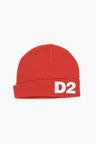 Dsquared2 Solid Color Beanie With Contrasting Logo In Red