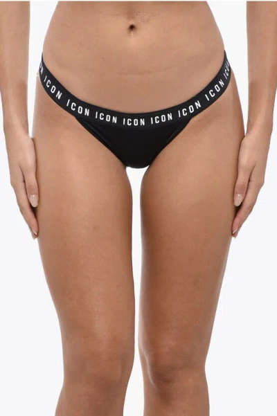 Dsquared2 Solid Color Bikini Bottom With Logoed Band In Black