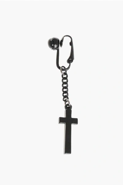 Dsquared2 Solid Color Clip-on Earring With Cross-shaped Pendant In Black
