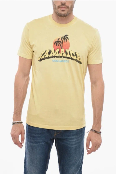 Dsquared2 Solid Color Cool Fit Crew-neck T-shirt With Front Print In Yellow
