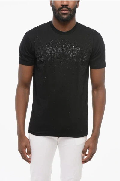 Dsquared2 Solid Color Crew-neck T-shirt Embellished With Rhinestones In Black