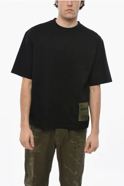 Dsquared2 Solid Color Crew-neck T-shirt With Logoed Patch In Black
