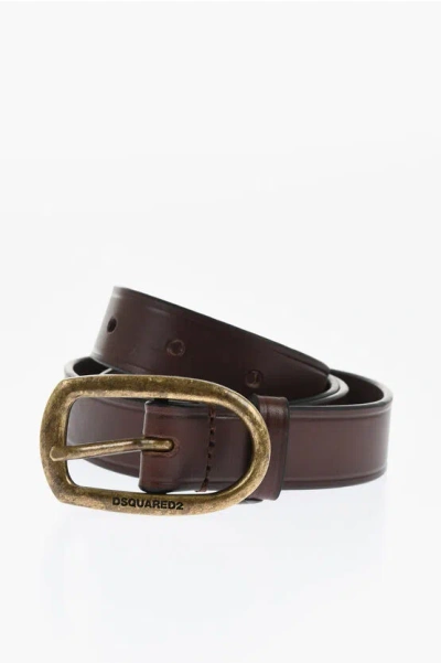 Dsquared2 Solid Color Leather Belt With Golden Buckle 25mm