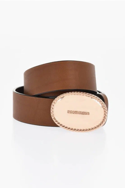Dsquared2 Solid Color Leather Belt With Oval Buckle 35mm