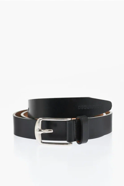 Dsquared2 Solid Color Leather Belt With Silver Tone Buckle 25mm In Black