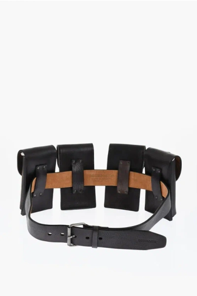 Dsquared2 Solid Color Leather Utility Belt With Removable Pockets 40mm