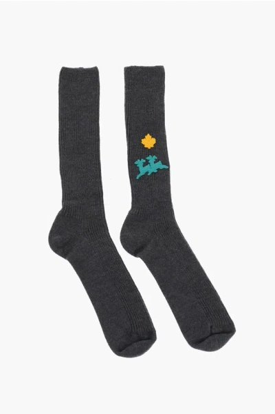 Dsquared2 Solid Color Wool Blend Long Socks With Embroidered Details