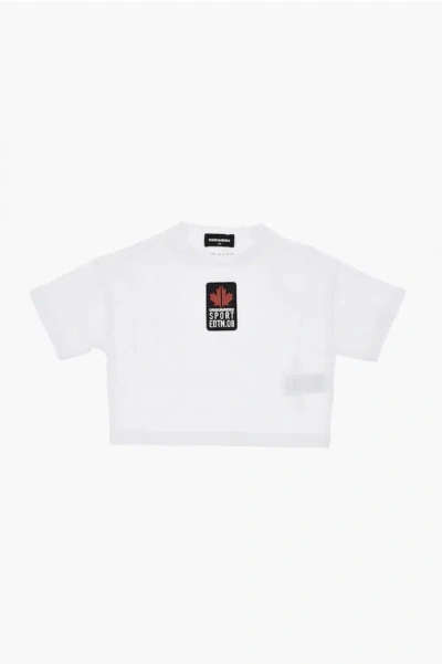 Dsquared2 Kids' Solid Crewneck T-shirt With Logo Patch In White
