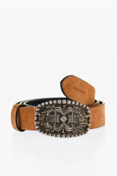 Dsquared2 Solid Suede Belt With 30mm Metal Buckle In Brown