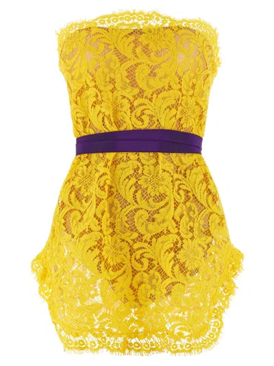 Dsquared2 Sophie Lace Dress Contrast Belt Strapless In Yellow