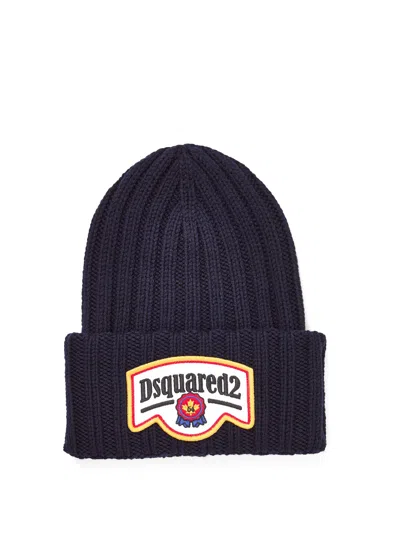 Dsquared2 Spellout Logo Knitted Beanie Hat In Navy