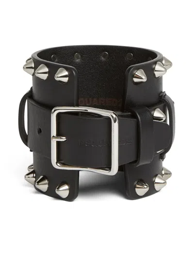 Dsquared2 Spiked Stud Leather Bracelet In Black