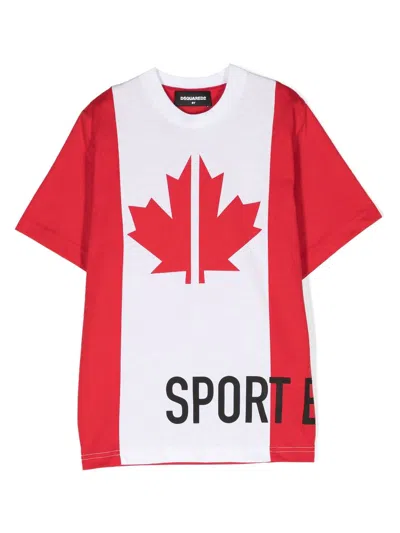 Dsquared2 Kids' Sport Edtn.07 Two-tone Maple-leaf T-shirt In Red
