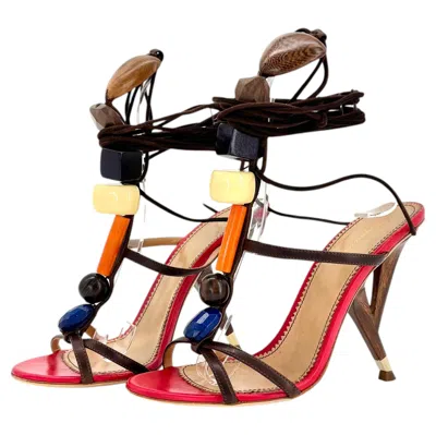 Pre-owned Dsquared2 Ss2014 Sculpted Heel Beaded Ankle Wrap Gladiator Sandals 37 In Beige