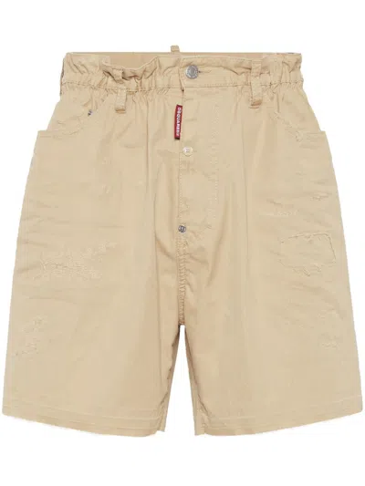 Dsquared2 Big Brother Ripped Cotton Shorts In Beige