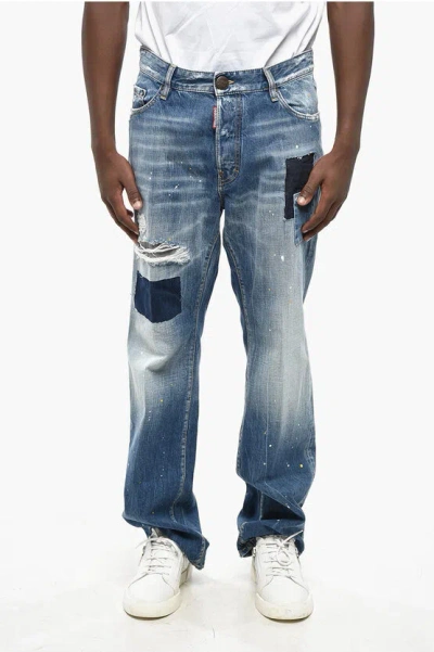 Dsquared2 Straight Leg Roadie Jeans With Patchwork Details 23cm In Blue