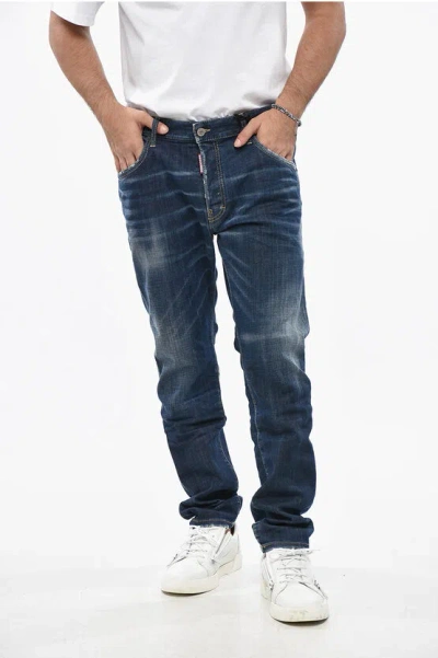Dsquared2 Straight Leg Skater Jeans With Logoed Leather Patch 17cm In Blue
